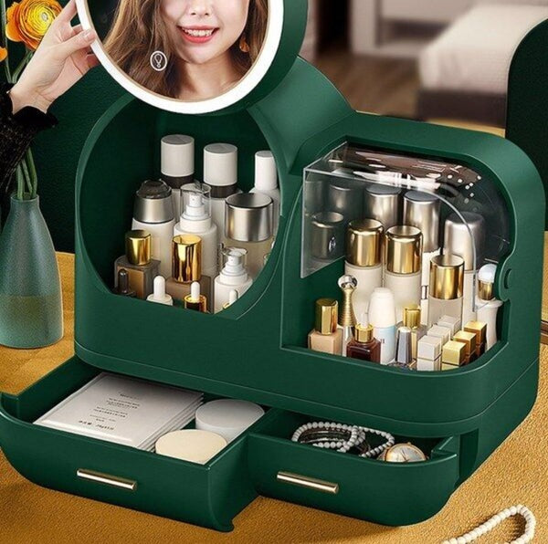 Large Capacity Cosmetic Organizer With Internal Fan And Led Mirror