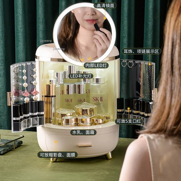 Double Door Cosmetic Organizer With Led Mirror