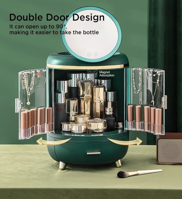 Double Door Cosmetic Organizer With Led Mirror