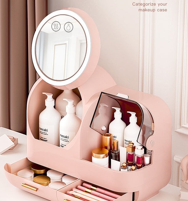 Large Capacity Cosmetic Organizer With Internal Fan And Led Mirror