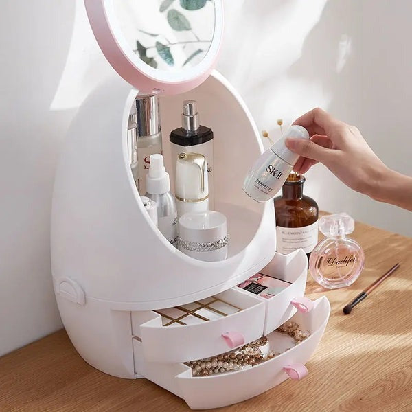 Creative Egg Shape Cosmetic Organizer With Led Mirror